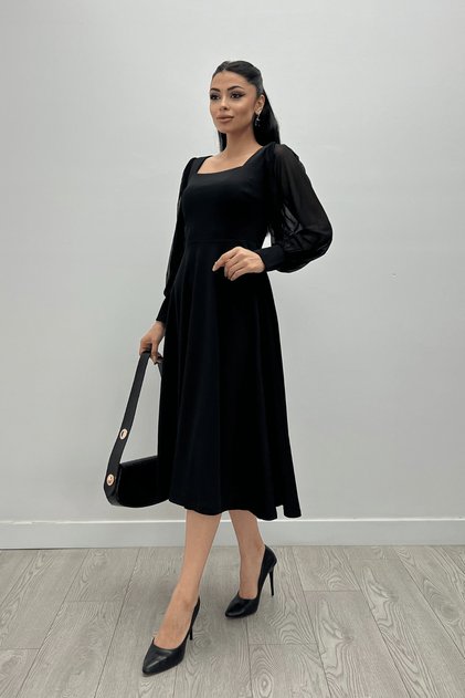 Rochie midi cu detaliu din tul cu mâneci din material creponat - NEGRU