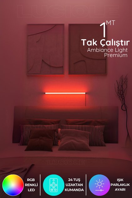 Köşe Led Lambader Aplik Gece Lambası Yatak Üstü Çok Özellikli 16 Renkli 4 Animasyonlu Kkırmızı