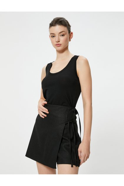 Double Breasted Linen Mini Skirt with Tie Detail