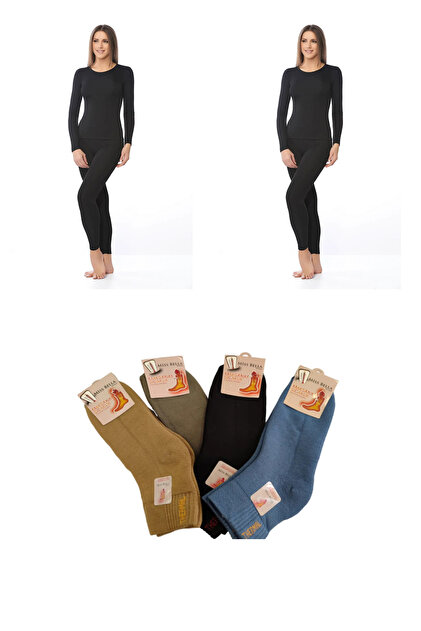 2-Piece Women's Black Thermal Bottom Top Underwear Suit Thermal Suit with 4 Pairs of Colorful Thermal Socks Gift