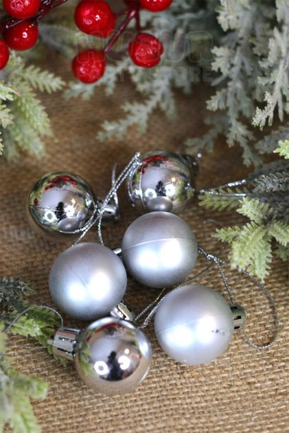 Shiny Matte Silver Colored Cici Ball 3 cm Set of 6 Christmas New Year Pine Tree Ornament Stringed Gray Silver Balls