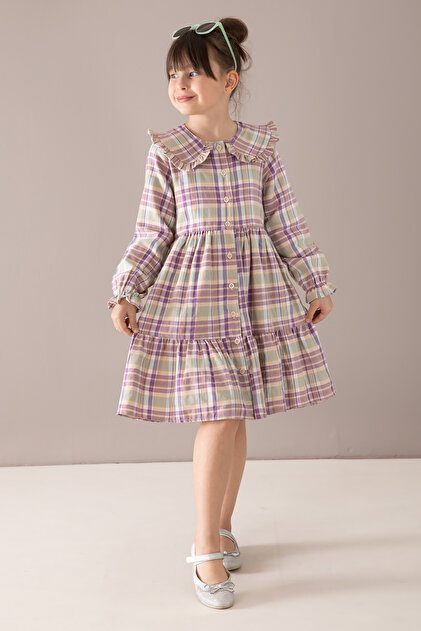 Cansn Mini Long Sleeve Purple Plaid Girls' Dress with Buttons, 19809-  Trendyol