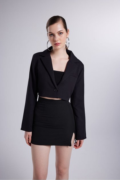 Vatkalı Crop Model Uzun Kol Blazer Panky Ceket Siyah