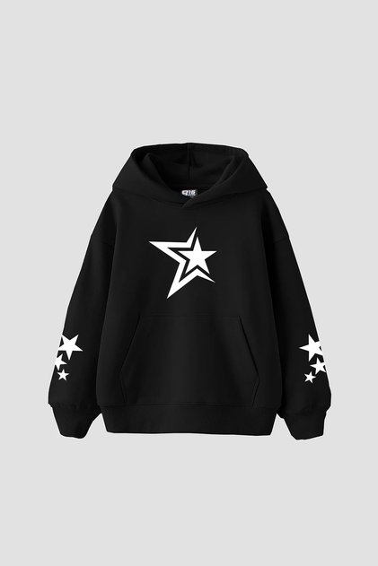 Hanorac negru unisex supradimensionat cu imprimeu 816 Stars