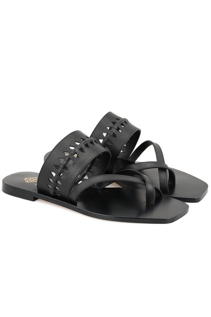 Women's Black Flip-Flop Leather Slippers