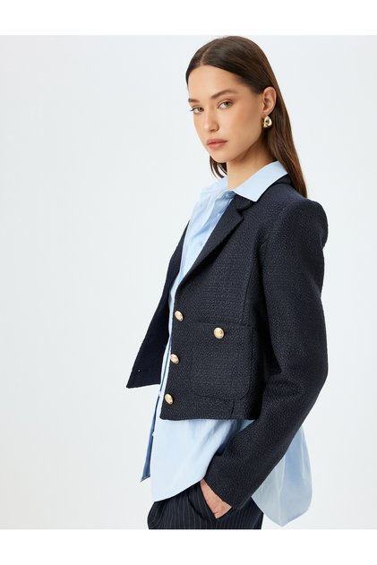 Slim Fit χρυσό κουμπί Λεπτομερές Crop Tweed Blazer Jacket με τσέπες