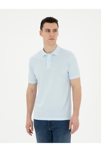 Açık Mavi Slim Fit %100 Pamuk Basic Düğmeli Polo Yaka Basic Tişört 50280754-VR095