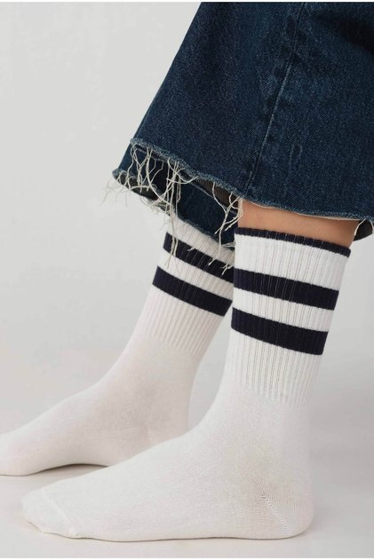 Rubber Knitted Socks White-Navy Blue