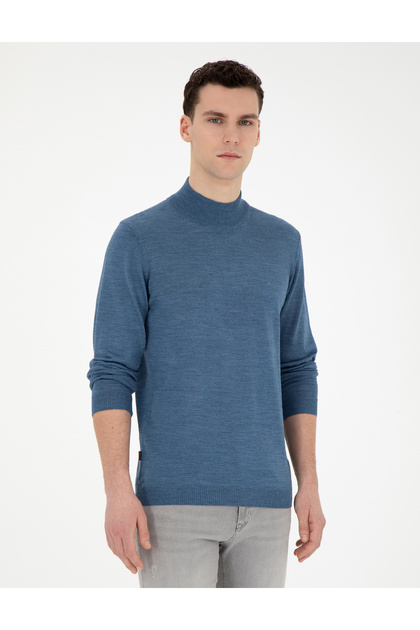 Blue Slim Fit Half Turtleneck Wool Blended Basic Knitwear Sweater 50270055-Vr036