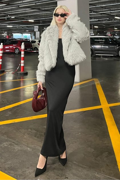 Gray Double-Breasted Collar Soft Texture Lined Women's Fur Coat Mg2175