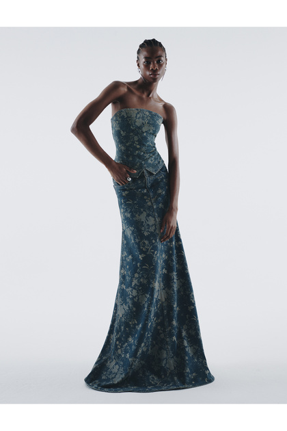 Floral Strapless Denim Corset Bustier Top with Asymmetrical Cut and Zipper
