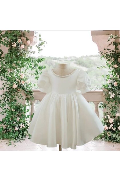 Special Design White Short Balloon Sleeve Bow and Pearl Detail Girls' Evening Dress