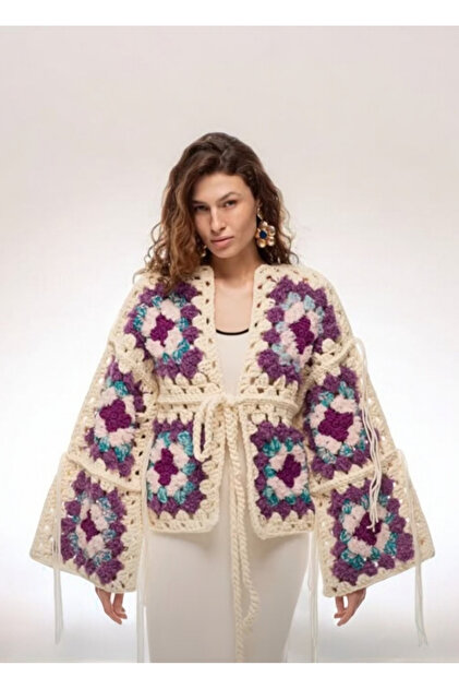 Women's Crochet Cardigan with Motif, Hand Knitted Cardigan, Gift