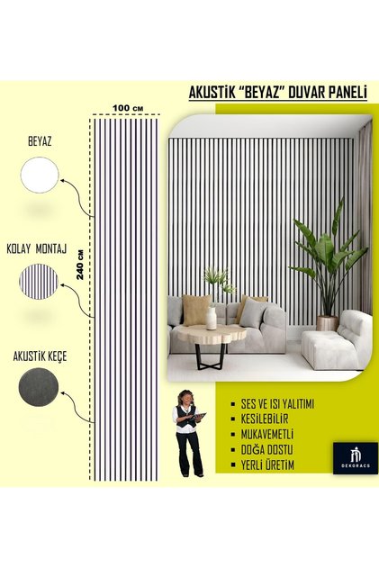 ACS 100x240 Beyaz Renk Akustik Ahşap Duvar Paneli
