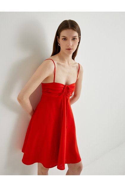 Linen Blended Dress Mini Thin Strap Tie Detailed Draped