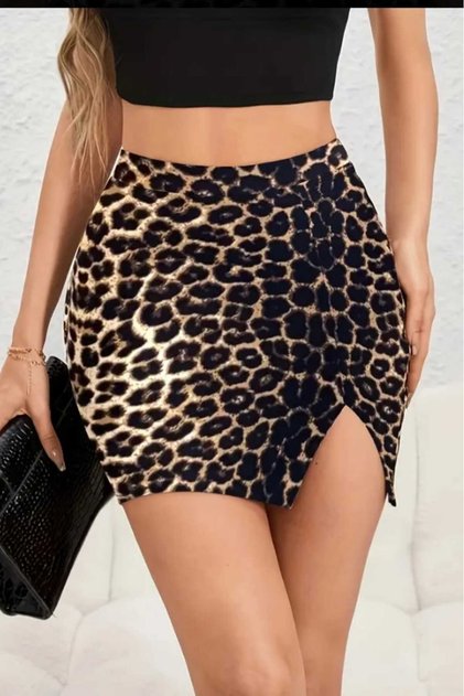 Leopar Yırtmaçlı Mini Etek Kısa Etek