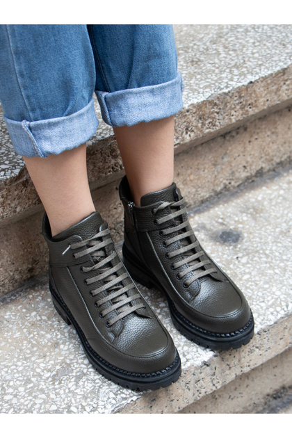 (Velma) Real Leather Lace-Up-Zipper Serrated Non-Slip Rubber Sole Ankle Boots