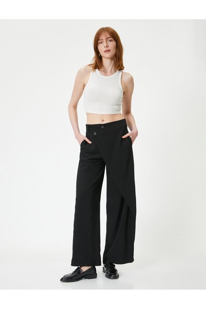 Fabric Palazzo Trousers with Capped Asymmetrical Buttons and Pockets
