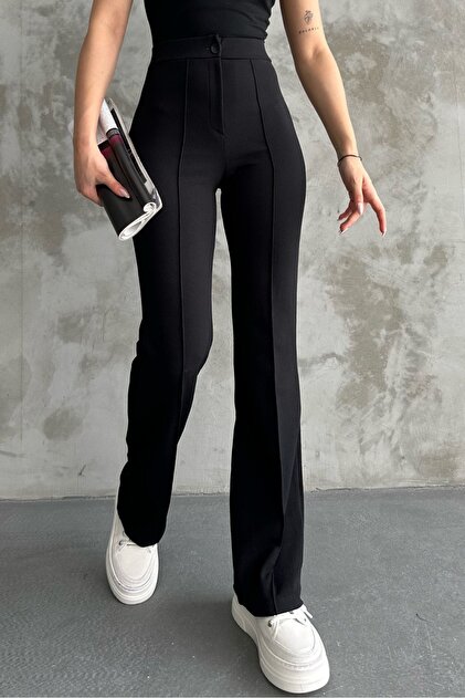 Pantaloni palazzo pentru femei, negri, cu talie înaltă, modelatori și picior evazat