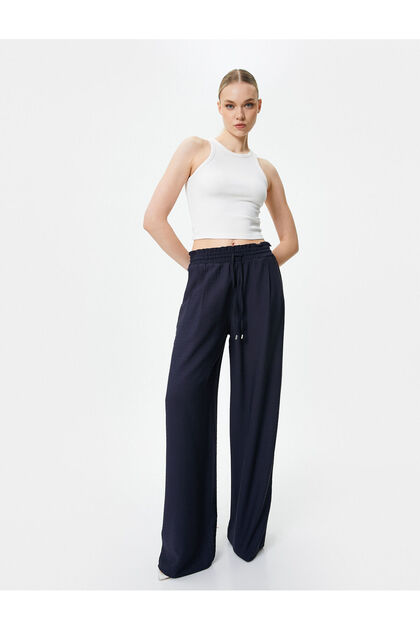Wide Leg Trousers Laced Waist Viscose Pocket Unlined Semi Sheer