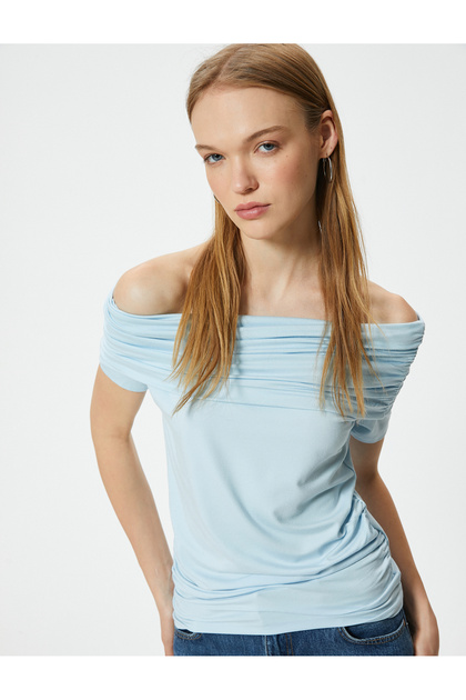Koton Omzu Açık Tişört Drape Detaylı Slim Fit Viskoz Kumaş
