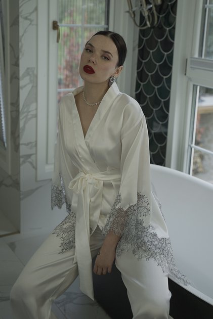 Ecru French Lace Chimono-Pants Suit