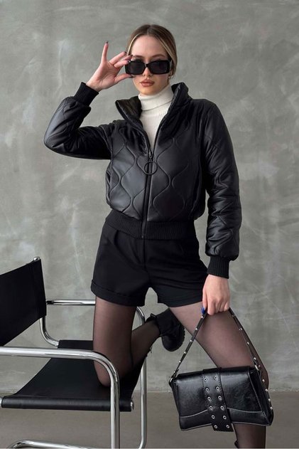 Black Zippered Inflatable Leather Coat
