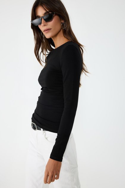Kadın Drape Detaylı Body Bisiklet Yaka Uzun Kollu Pamuklu