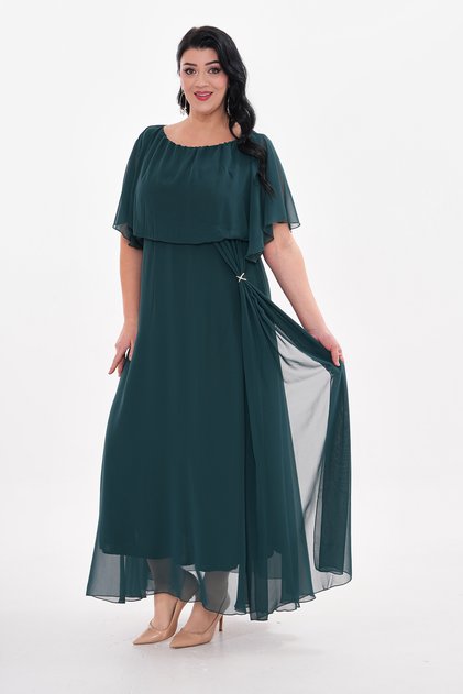 Rochie lungă de seară din șifon, mărime Plus, cu mâneci tip capă, detaliu cu cataramă, 3114