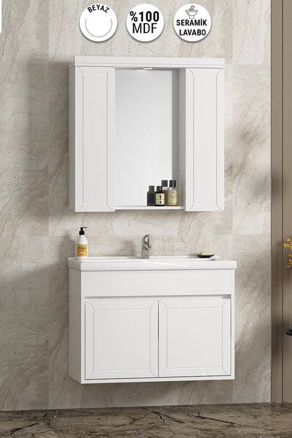 Çuha 80 cm Beyaz MDF Pk-109 Balon Kapak Seramik Lavabolu Asma Banyo Dolabı Takımı