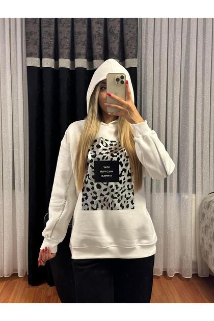 Leopar Detay Kapüşonlü Sweatshirt Beyaz