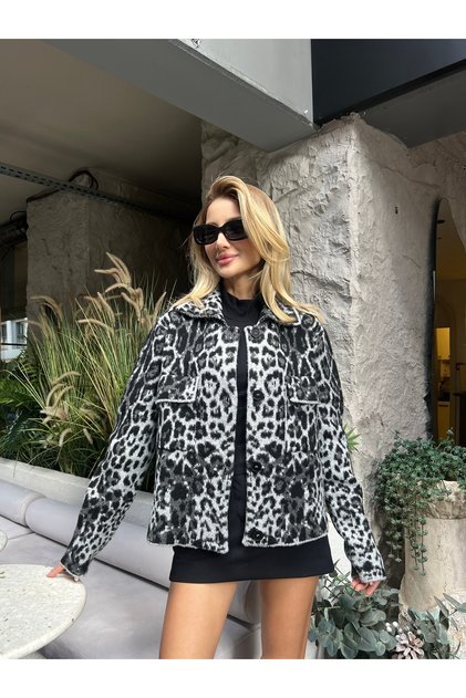 Leopard Print Pocket Jacket Collar Women's Cardigan