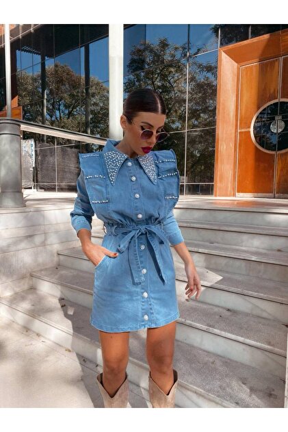 NEW STATION Beading Embroidered Neckline - New Station Denim Dress- Trendyol