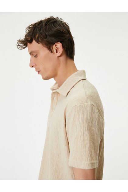 Polo Neck T-Shirt Buttoned Textured Cotton Short Sleeve