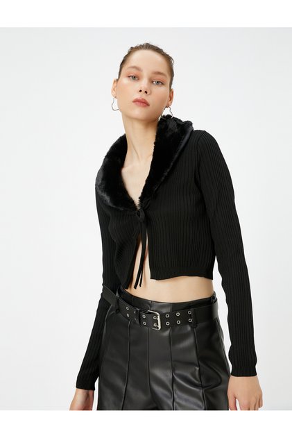 Faux Fur Collar Knitwear Cardigan Tie Front Long Sleeve