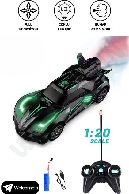 Oyuncak 1:20 Uzaktan Kumandalı Şarjlı Duman Çıkartan Işıklı Araba Buhar Çıkartan Drift Atan Araba