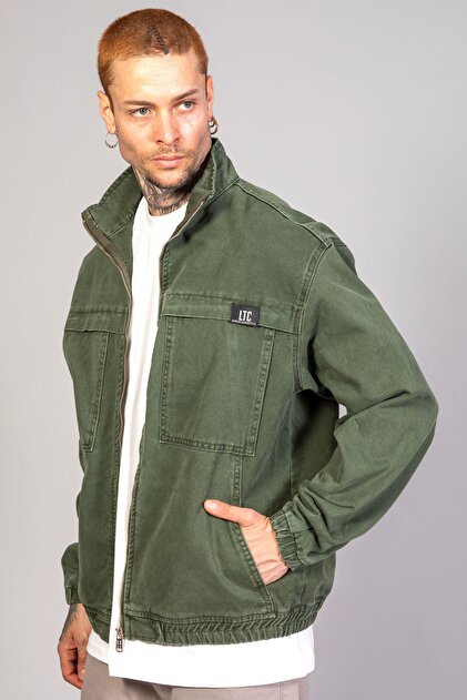 Oversize Khaki Washed Men's Zippered Bomber Jeans Jacket