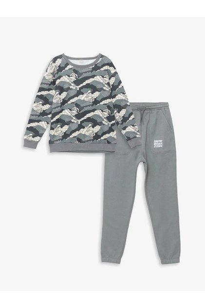Lcw Kids Gray Crew Neck Printed Boys Tracksuit Set