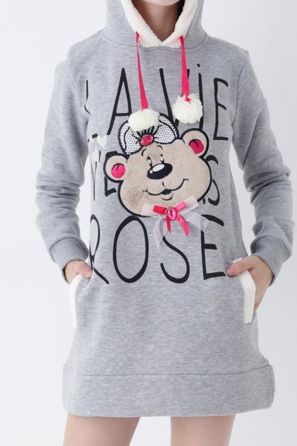 Gray Young Girl Teddy Bear Print Hooded Cotton Sweatshirt