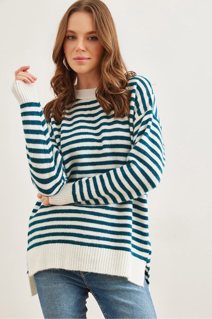 Women's Petrol Blue Half Fisherman Striped Soft Textured Knitwear Tunic Tnk- 19000100