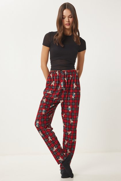 Women's Red Black Patterned Soft Textured Knitted Pajama Bottoms Ce00089