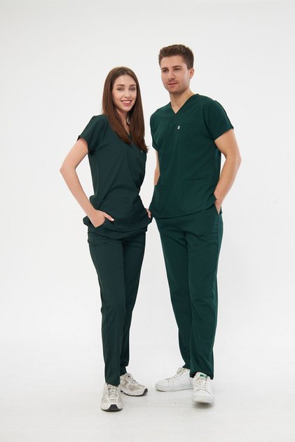 Avcı Yeşili Likralı Unisex Medikal Hemşire Ve Doktor Üniforması Scrubs Cerrahi Giyim Takım