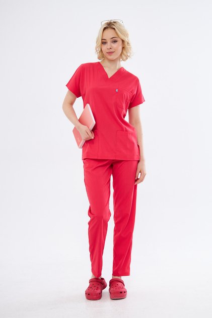 Nar Çiçeği Likralı Unisex Yarasa Kol Doktor Ve Hemşire Forması Scrubs Cerrahi Takım