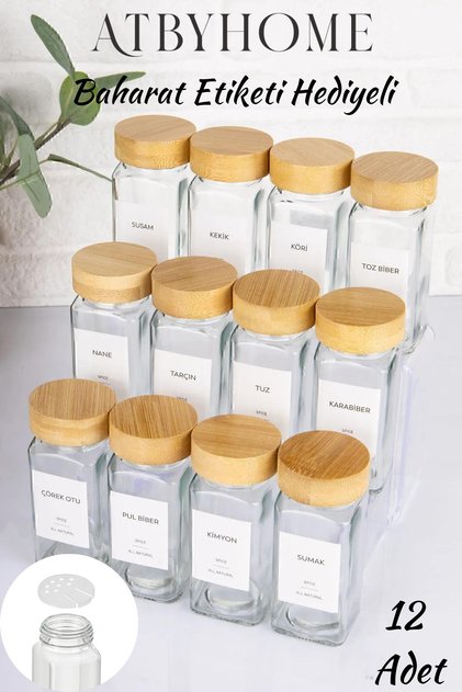 Bambu Kapaklı 12 Adet Cam Baharatlık Seti 120 ml - Etiket Hediyeli