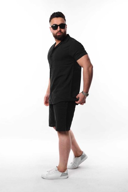 Keten Men's Short Sleeve Shirt Collar Black Cotton Shirt and Pipe Leg Shorts Bottom Top Set
