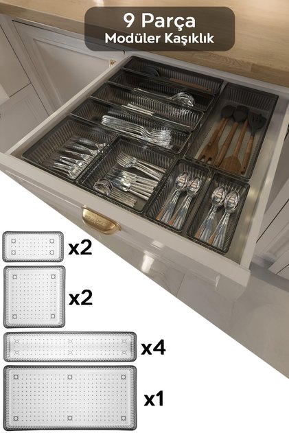 9 Piece Modular Spoon Holder Set - Adjustable Kitchen Drawer Organizer Anthracite