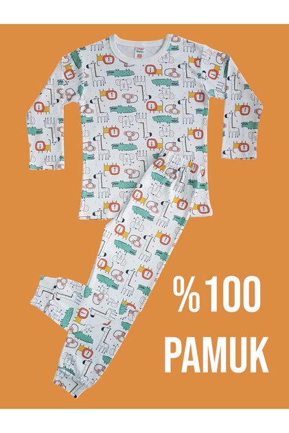 Uzun Kollu Desenli Çocuk Pijama Takım #baskılıçocukpijamatakım #çamaşırbahçesi #aslandesenli