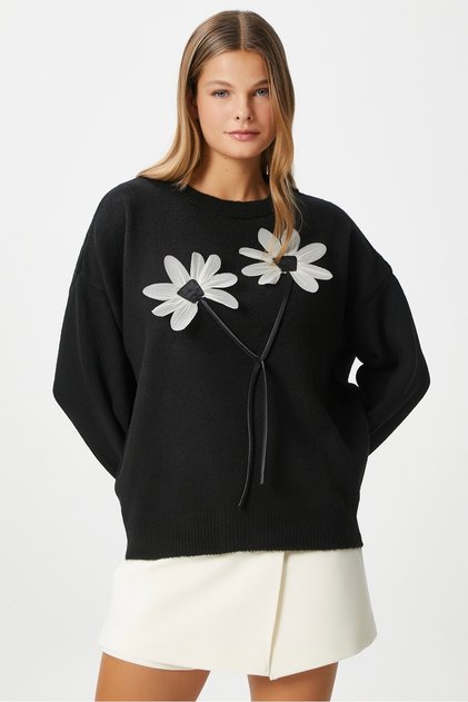 Women's Miranda Flower Detail Black Knitwear Sweater