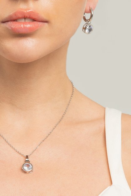 Kadın Minimalist Yuvarlak Baget Taşlı Tasarım Model Çelik Gümüş Kaplama Su Yolu Kolye Küpe Takı Seti