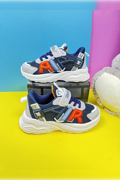 Günlük Unisex Çocuk Lacivert Gri Sneaker Lastik Bağcıklı Cırtlı Nefes Alabilen Spor Ayakkabı 080